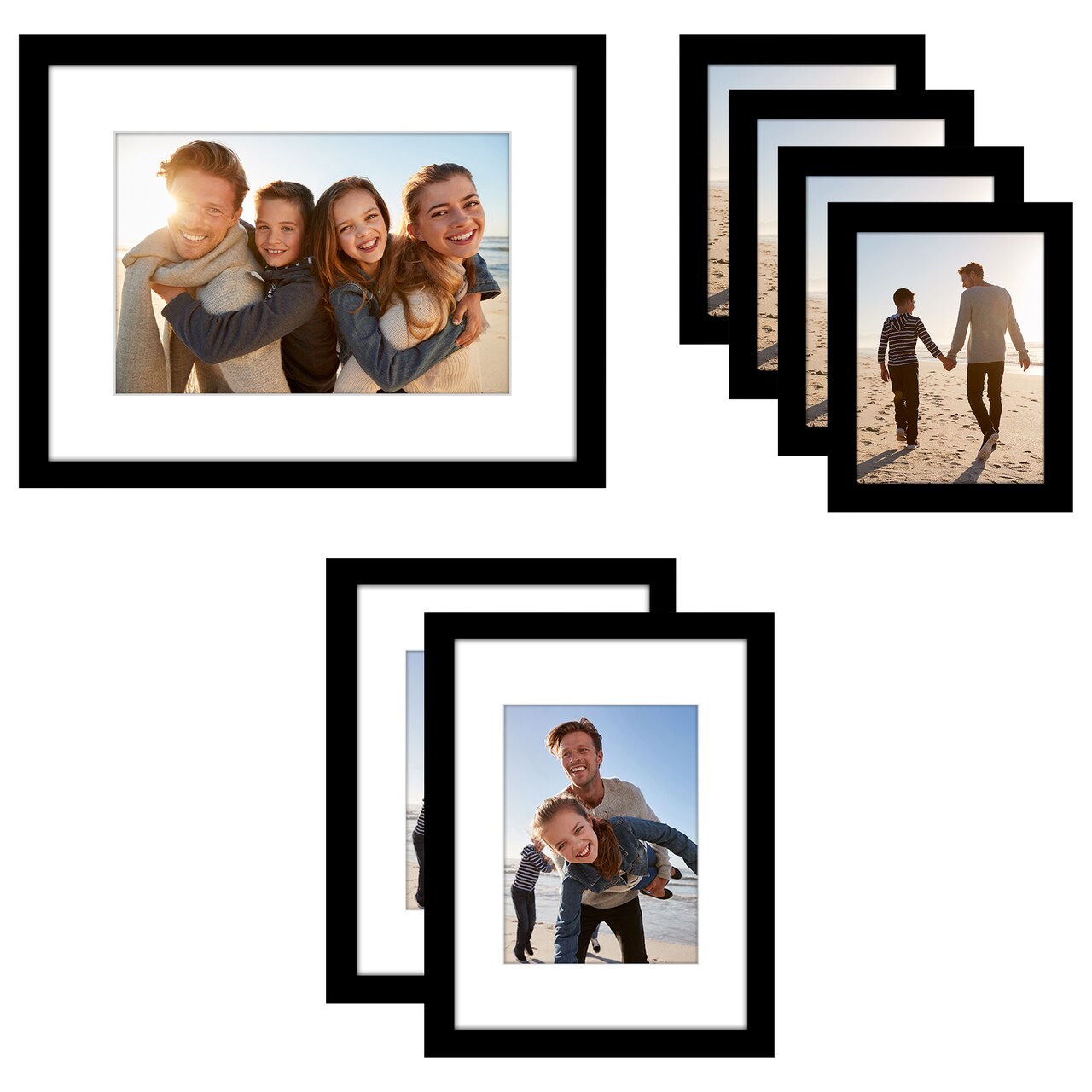 Americanflat Gallery Wall Picture Frames - Set of 7 - 12x16 (1), 9x12 (2), 6x8 (4) - Collage Wall Art Decor - Shatter Resistant Glass - Adjustable Hanging Hardware - Easel for Tabletop Display - Black